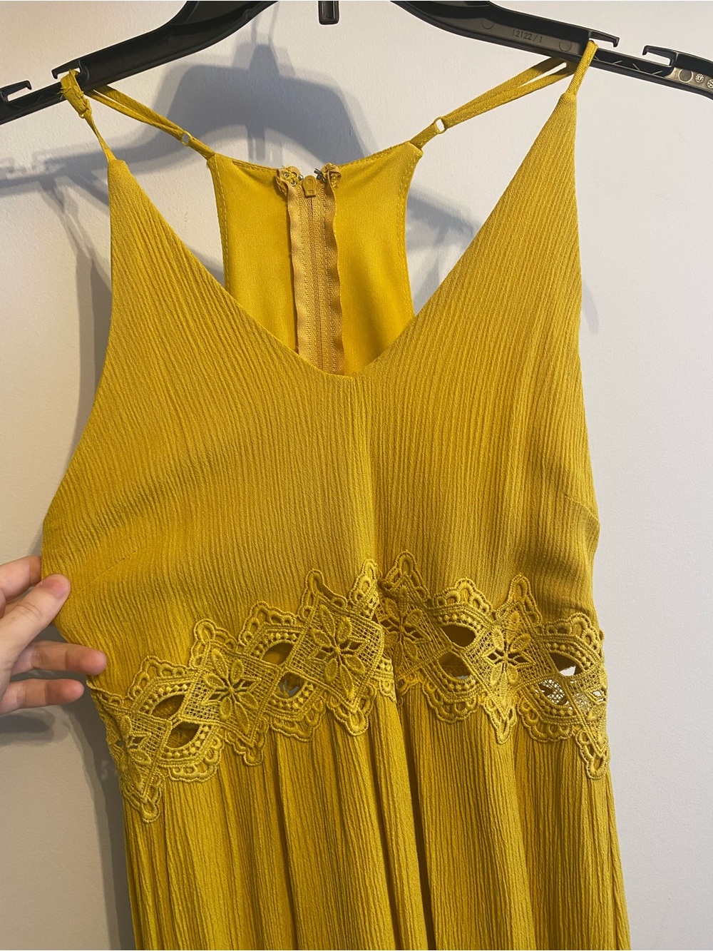 Mustard Yellow Spaghetti Strap Maxi Dress with Crochet Waist